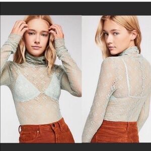 Free People Sage Green Lace Mesh Mock Neck Top Size Small